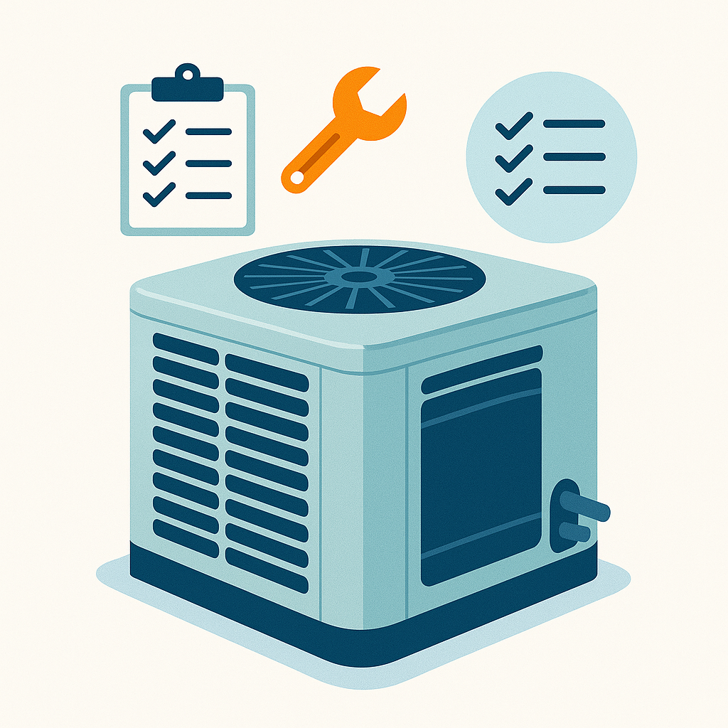 Illustration of an HVAC unit with maintenance checklist and tools